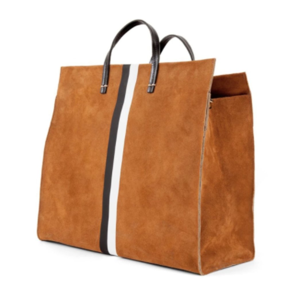 Suede Tan Tote Bag with Black and White Stripe